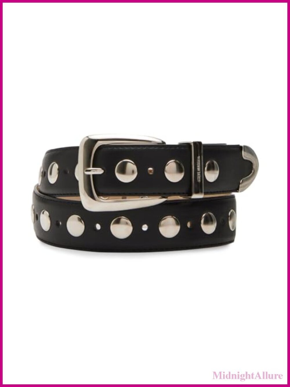 Faux Leather Studded Belt Silver Buckle 1.33 Inch Wide